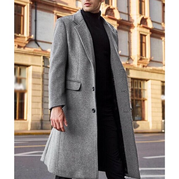 Men's Grey Slim Fit Casual Trench Coat Notched Collar Pea Coat with Pockets - Picture 3 of 6